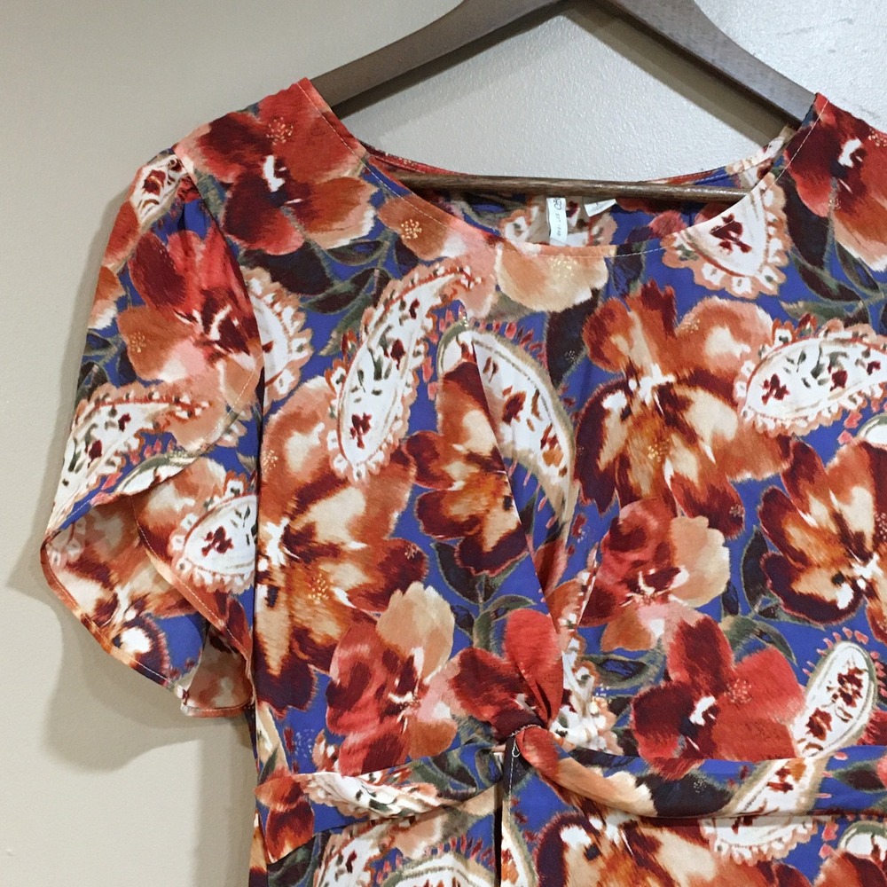 Cato Floral Paisley Asymmetrical Hem Wrap Dress Women L Orange Fairy Resort Boho - Picture 2 of 10